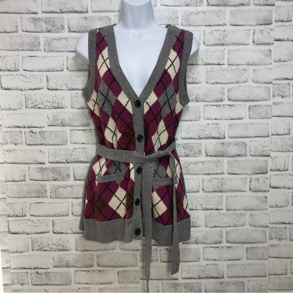 Cabi Argyle Wool Blend Button Front Belted Vest S… - image 1